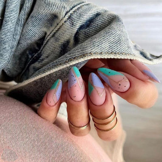 Green and Purple Geometric Gold-Trimmed Nail Tips Press-On Nails