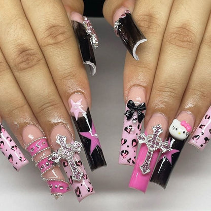 Trendy Leopard Cross KITTY French Style Press-On Nails with Beaded Accents