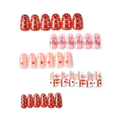 Valentine’s Day Short Oval Cute & Sweet Press-On Nails with Bow, Pearl, and Heart Design