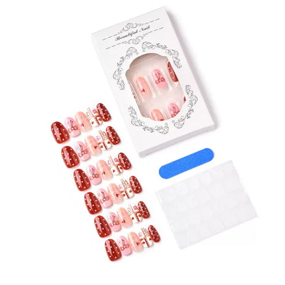 Valentine’s Day Short Oval Cute & Sweet Press-On Nails with Bow, Pearl, and Heart Design