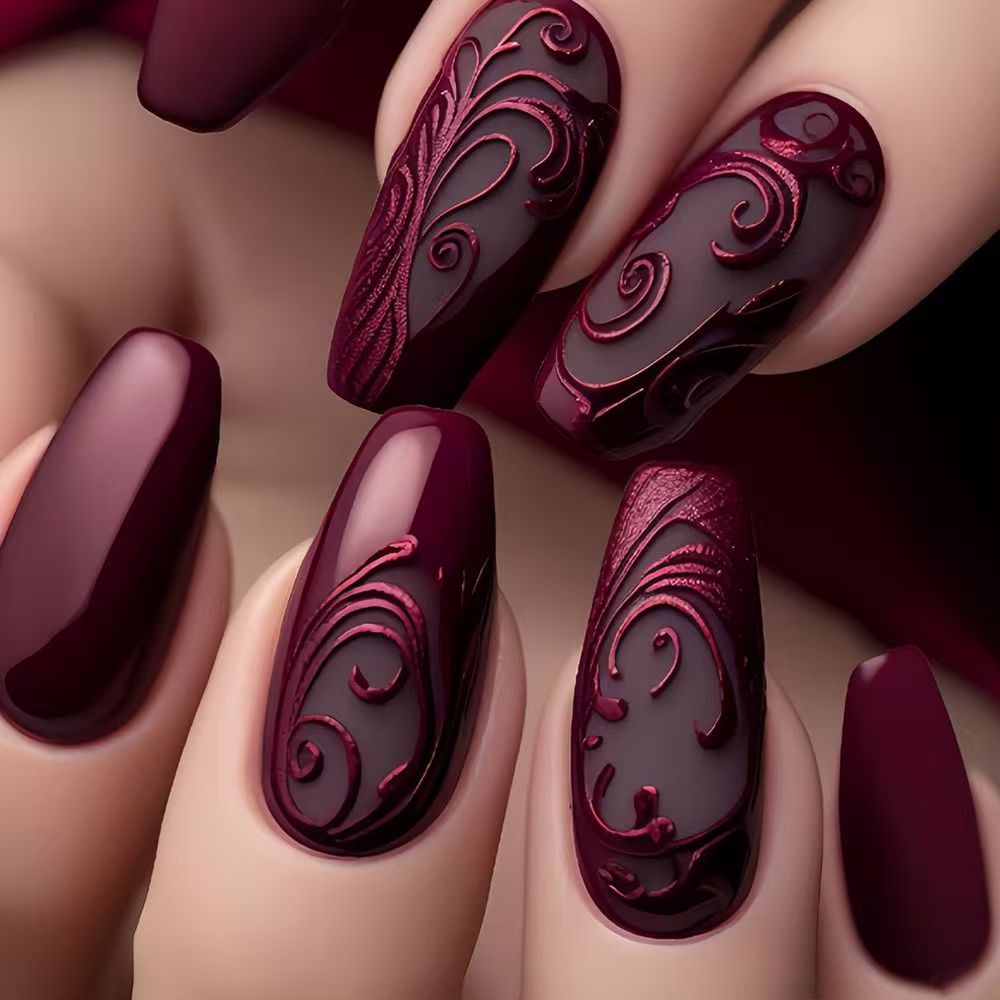Wine Red Vintage Premium 3D Embossed Floral Press-On Nails