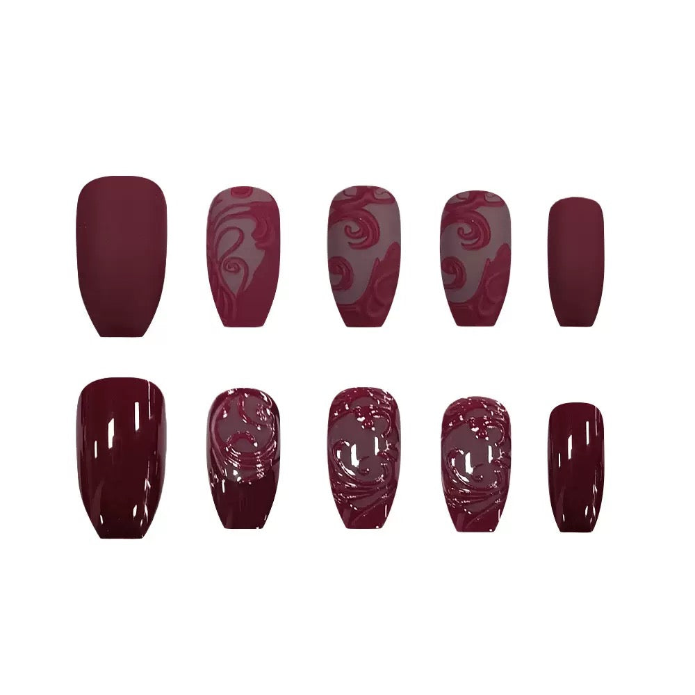 Wine Red Vintage Premium 3D Embossed Floral Press-On Nails