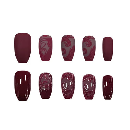 Wine Red Vintage Premium 3D Embossed Floral Press-On Nails