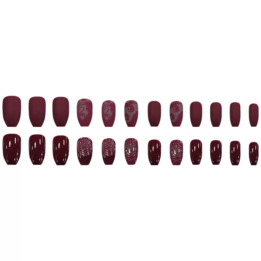 Wine Red Vintage Premium 3D Embossed Floral Press-On Nails