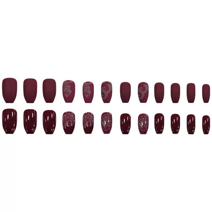 Wine Red Vintage Premium 3D Embossed Floral Press-On Nails