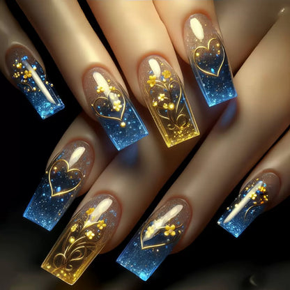 Long Tube Blue & Gold Floral Pattern Detachable Press-On Nails