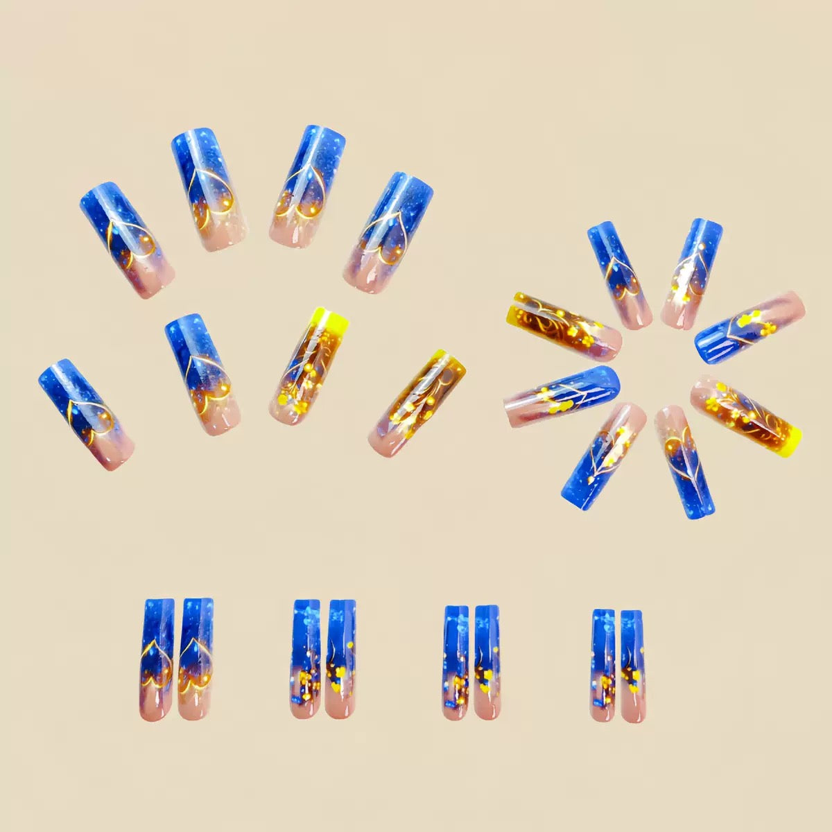 Long Tube Blue & Gold Floral Pattern Detachable Press-On Nails