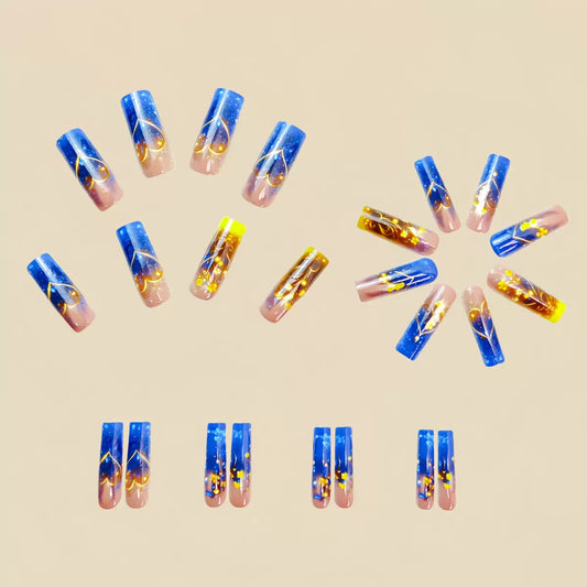 Long Tube Blue & Gold Floral Pattern Detachable Press-On Nails