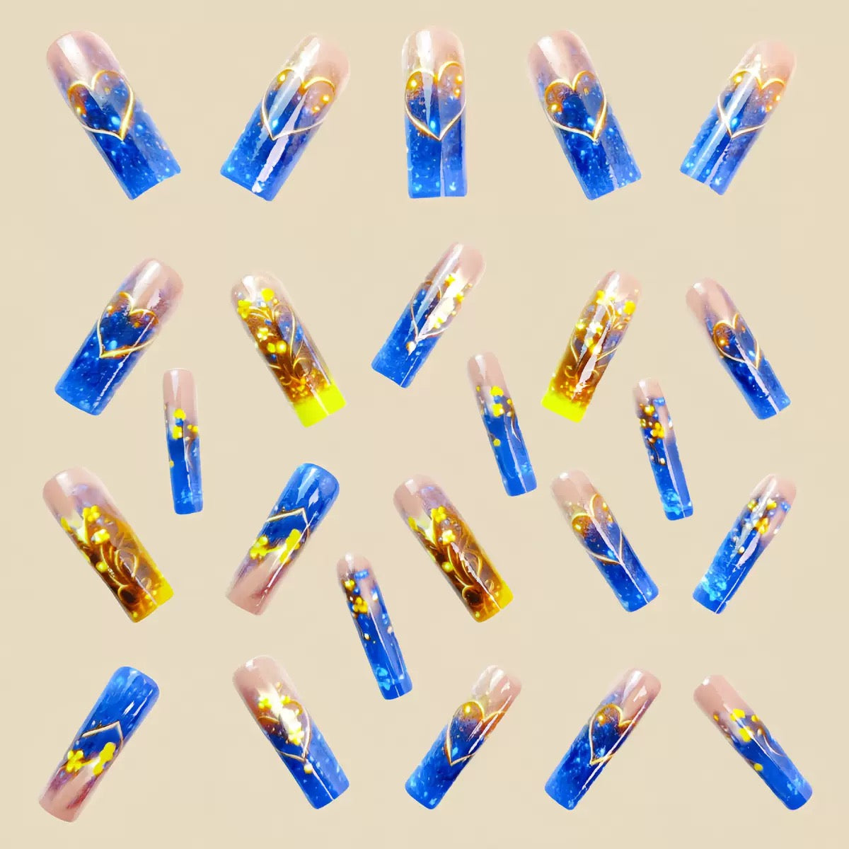 Long Tube Blue & Gold Floral Pattern Detachable Press-On Nails