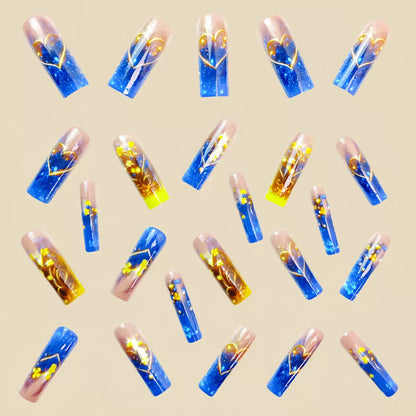 Long Tube Blue & Gold Floral Pattern Detachable Press-On Nails