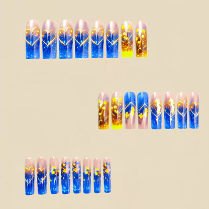 Long Tube Blue & Gold Floral Pattern Detachable Press-On Nails