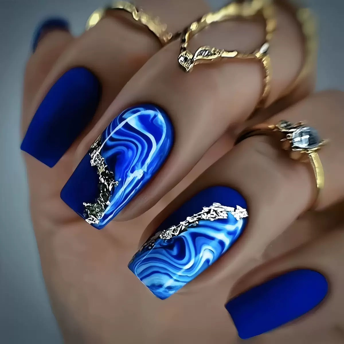 Medium-Length Blue Gradient with Gold Stripes Detachable Press-On Nails