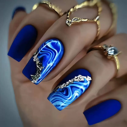 Medium-Length Blue Gradient with Gold Stripes Detachable Press-On Nails