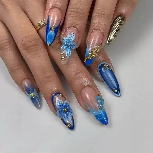 Medium-Length Fresh Style Mismatched 3D Blue Flower Gilded Star & Metal Stud Press-On Nails