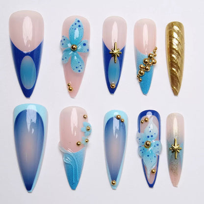 Medium-Length Fresh Style Mismatched 3D Blue Flower Gilded Star & Metal Stud Press-On Nails