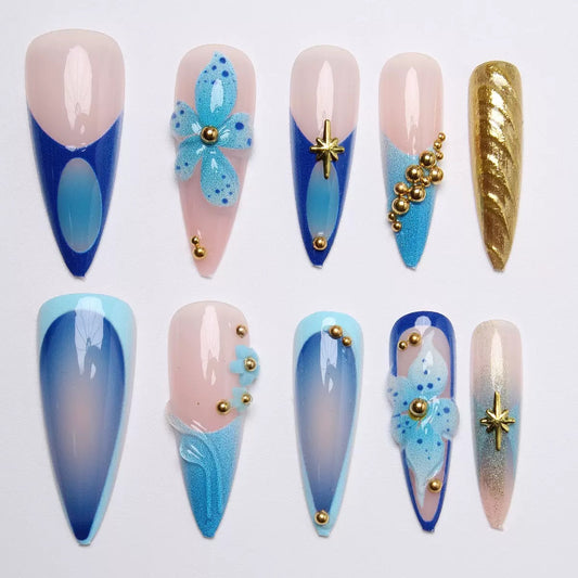 Medium-Length Fresh Style Mismatched 3D Blue Flower Gilded Star & Metal Stud Press-On Nails