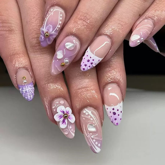 French-Style Fresh Purple Gradient 3D Flower Almond Press-On Nails