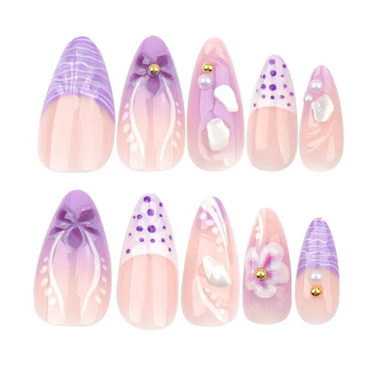 French-Style Fresh Purple Gradient 3D Flower Almond Press-On Nails