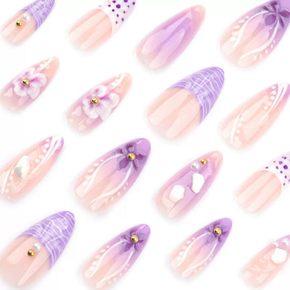 French-Style Fresh Purple Gradient 3D Flower Almond Press-On Nails