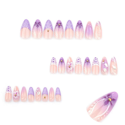 French-Style Fresh Purple Gradient 3D Flower Almond Press-On Nails