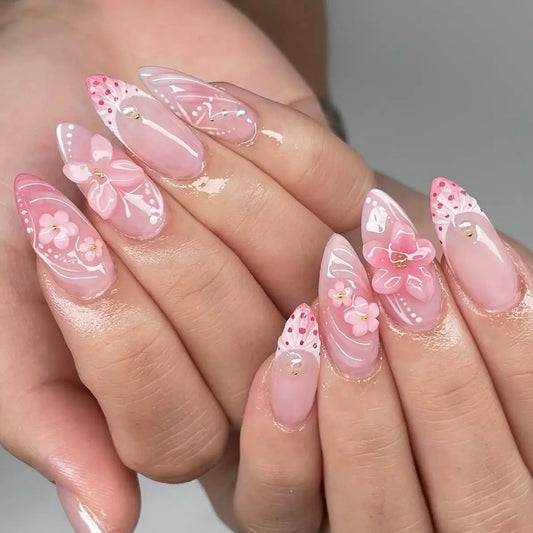 Pink 3D Butterfly & Carved Flower Gradient Sweet Press-On Nails