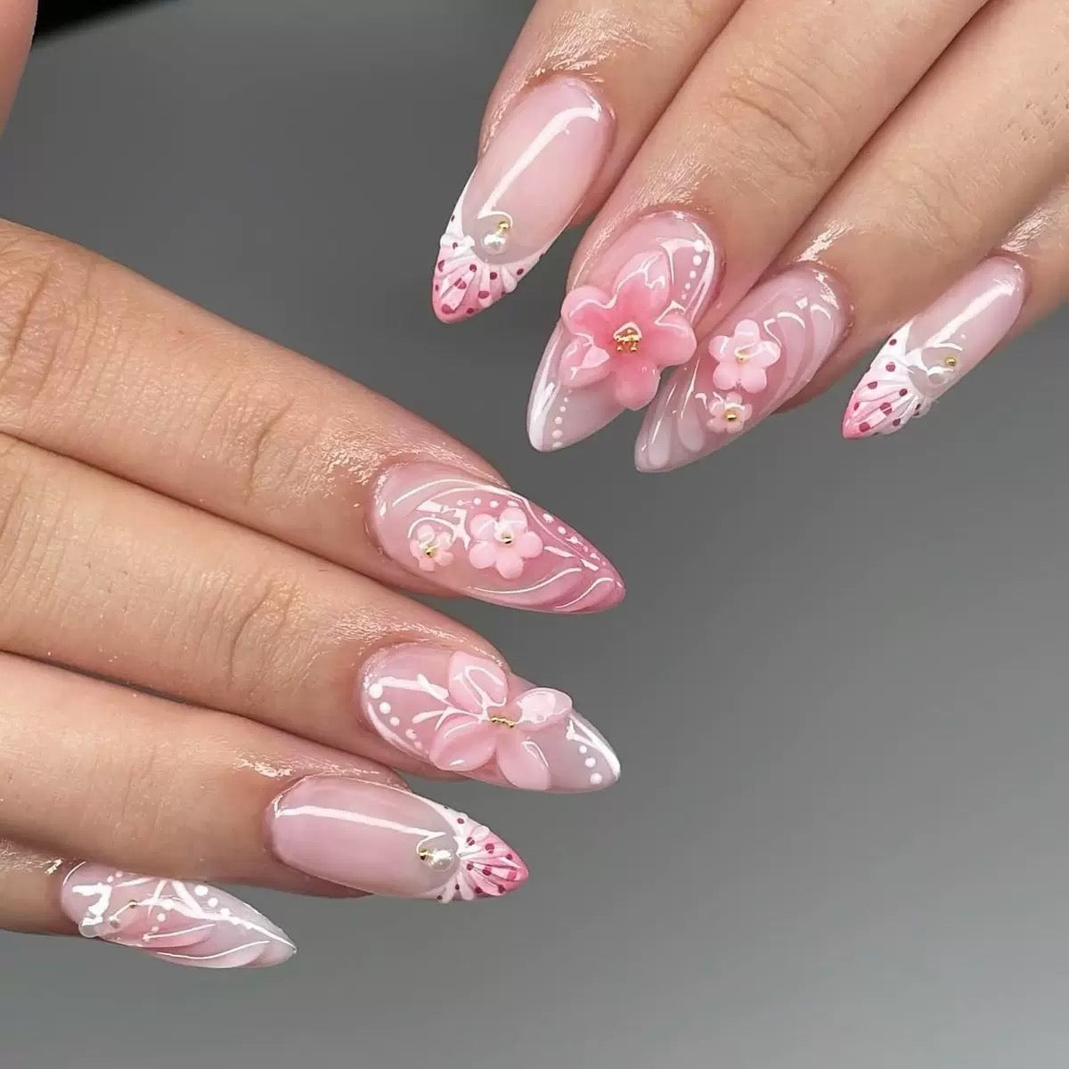Pink 3D Butterfly & Carved Flower Gradient Sweet Press-On Nails