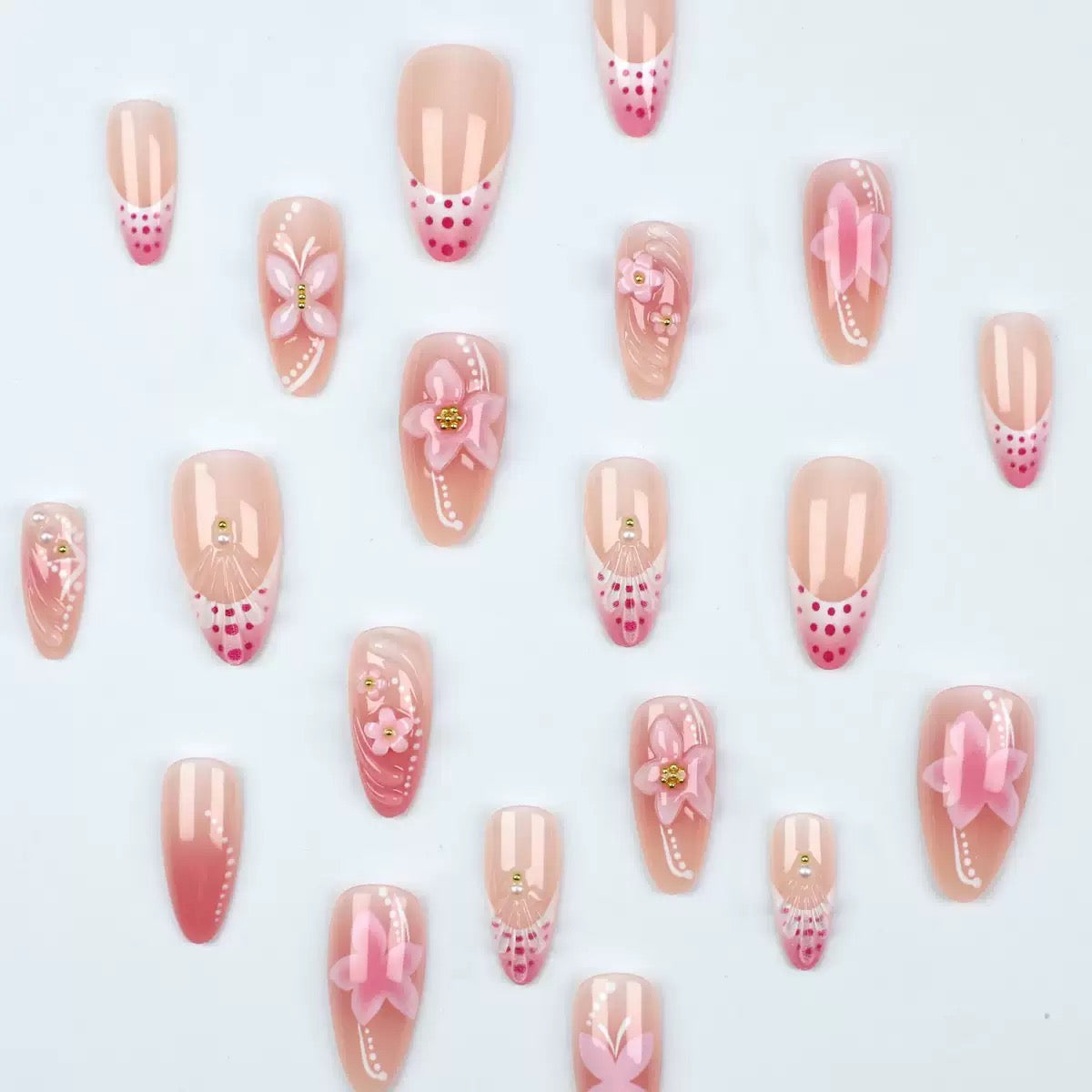 Pink 3D Butterfly & Carved Flower Gradient Sweet Press-On Nails