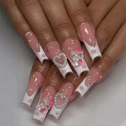 Long KITTY Cat Press-On Nails – Heart & Pearl Design, Cute & Trendy
