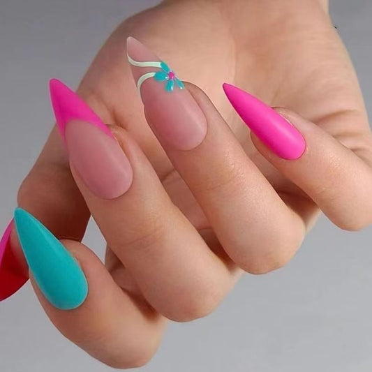 Matte Purple-Edged Blue Flower Ready-Made Nail Tips Press-On Nails
