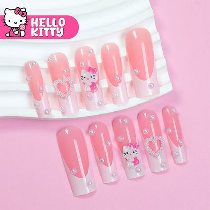 Long KITTY Cat Press-On Nails – Heart & Pearl Design, Cute & Trendy