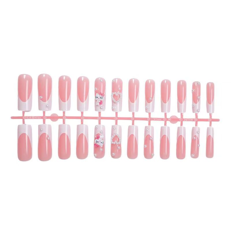 Long KITTY Cat Press-On Nails – Heart & Pearl Design, Cute & Trendy