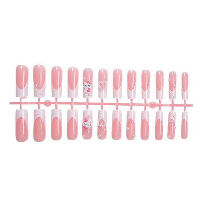 Long KITTY Cat Press-On Nails – Heart & Pearl Design, Cute & Trendy