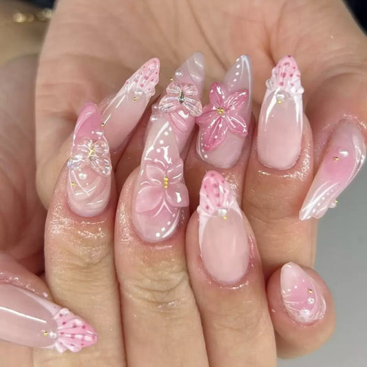 Pink 3D Flower Short Almond Press-On Nails