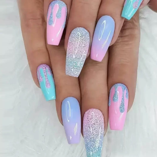 Sweet Glittering Girl Macaron Color Gradient Drip-Effect Summer Cute Press-On Nails