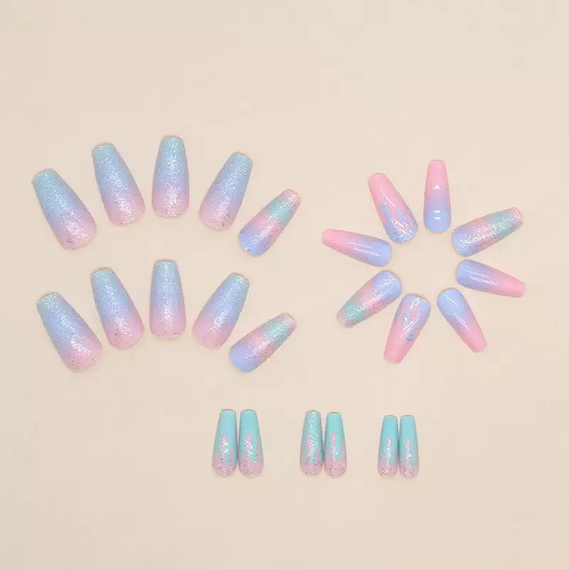 Sweet Glittering Girl Macaron Color Gradient Drip-Effect Summer Cute Press-On Nails