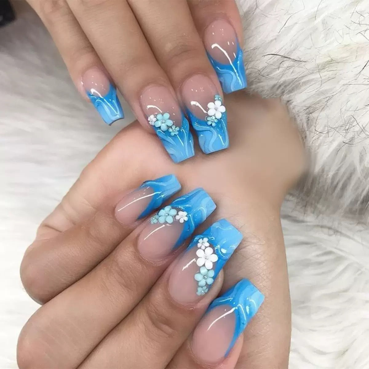 Blue French Floral Detachable Press-On Nails