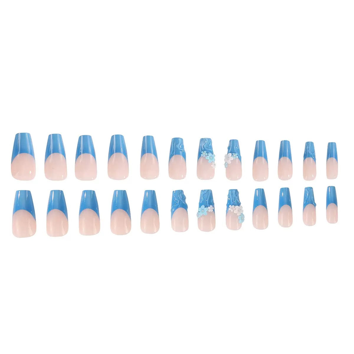 Blue French Floral Detachable Press-On Nails