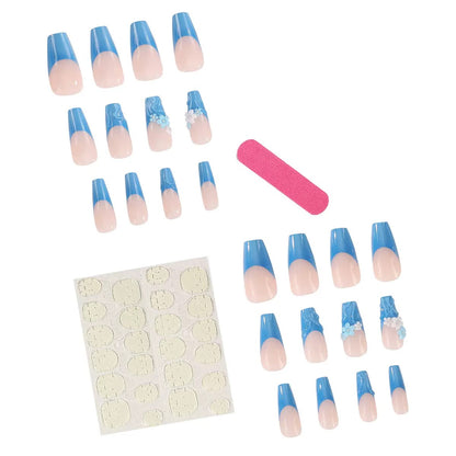 Blue French Floral Detachable Press-On Nails