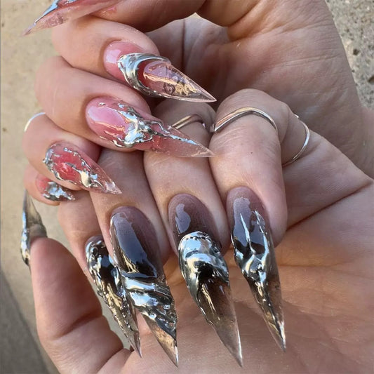 Long Stiletto Gradient Silver Foil 3D Best-Selling Press-On Nails