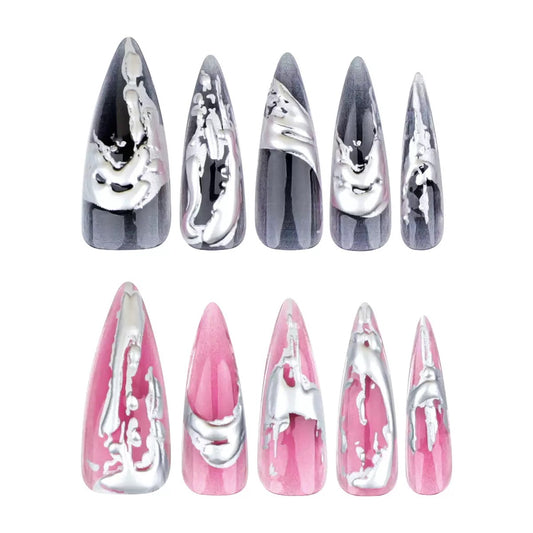 Long Stiletto Gradient Silver Foil 3D Best-Selling Press-On Nails