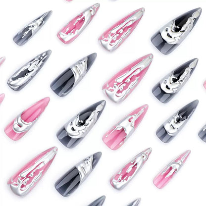 Long Stiletto Gradient Silver Foil 3D Best-Selling Press-On Nails