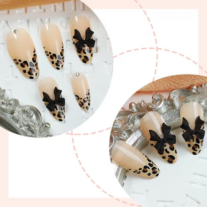 Sweet & Cool French-Style 3D Leopard Print Bow Rhinestone Detachable Press-On Nails
