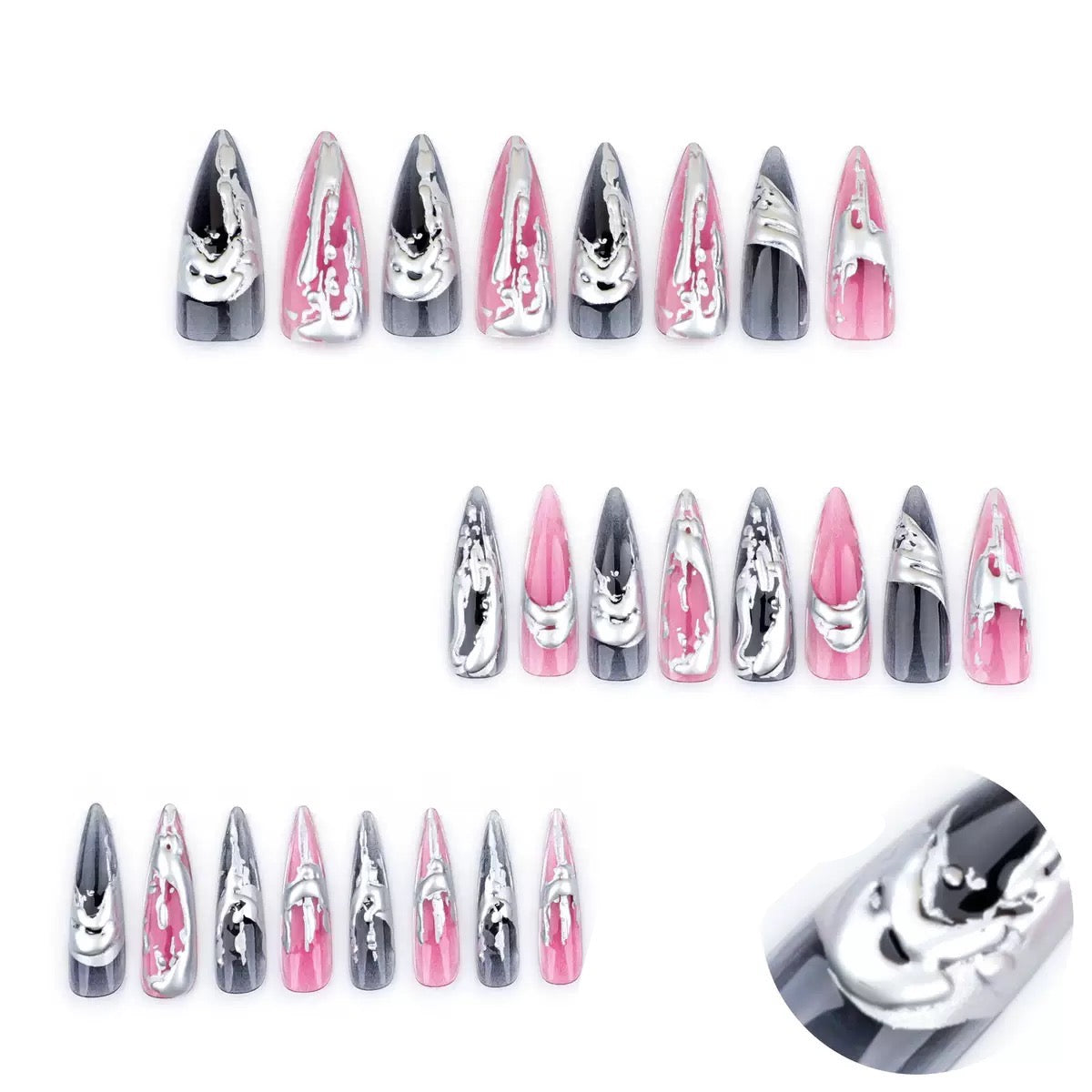 Long Stiletto Gradient Silver Foil 3D Best-Selling Press-On Nails