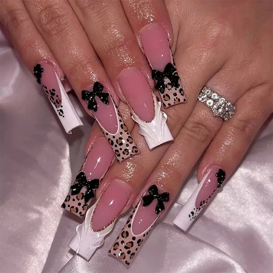 Premium Long Square French 3D Gel Bow Detachable Press-On Nails