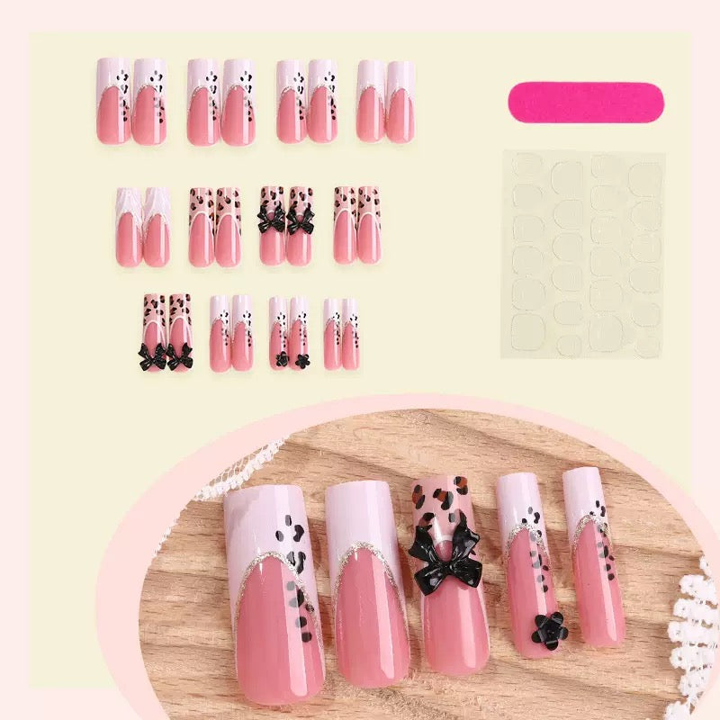 Premium Long Square French 3D Gel Bow Detachable Press-On Nails