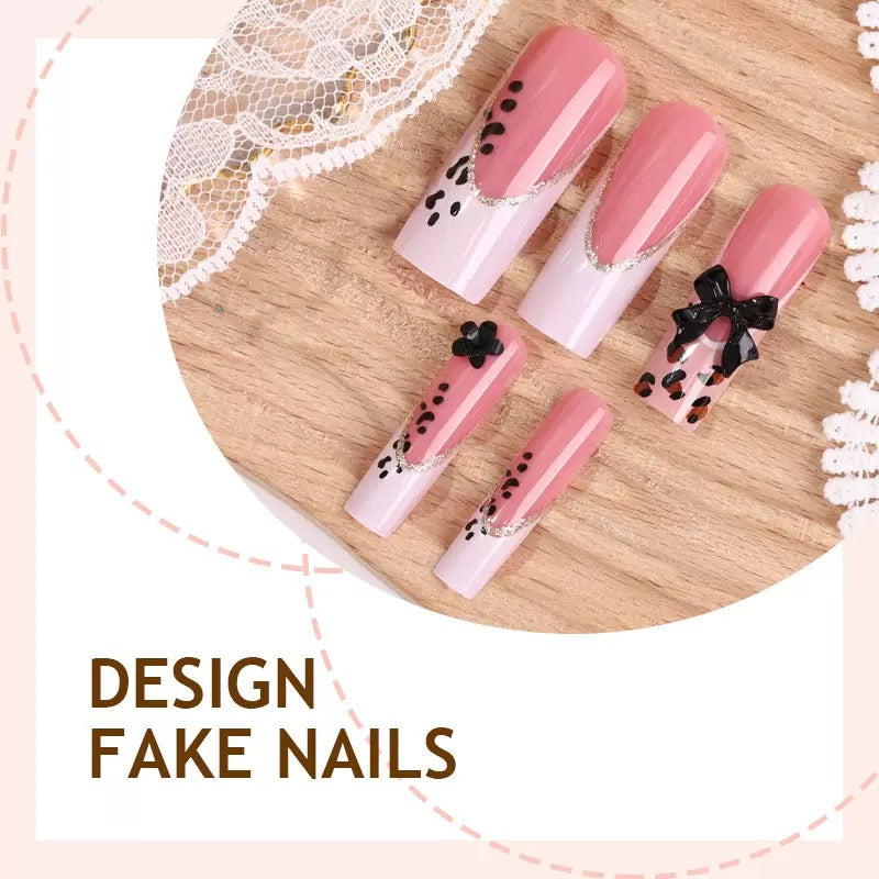 Premium Long Square French 3D Gel Bow Detachable Press-On Nails