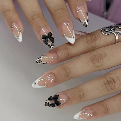 White Leopard Print French Almond-Shaped Bow Rhinestone Detachable Press-On Nails