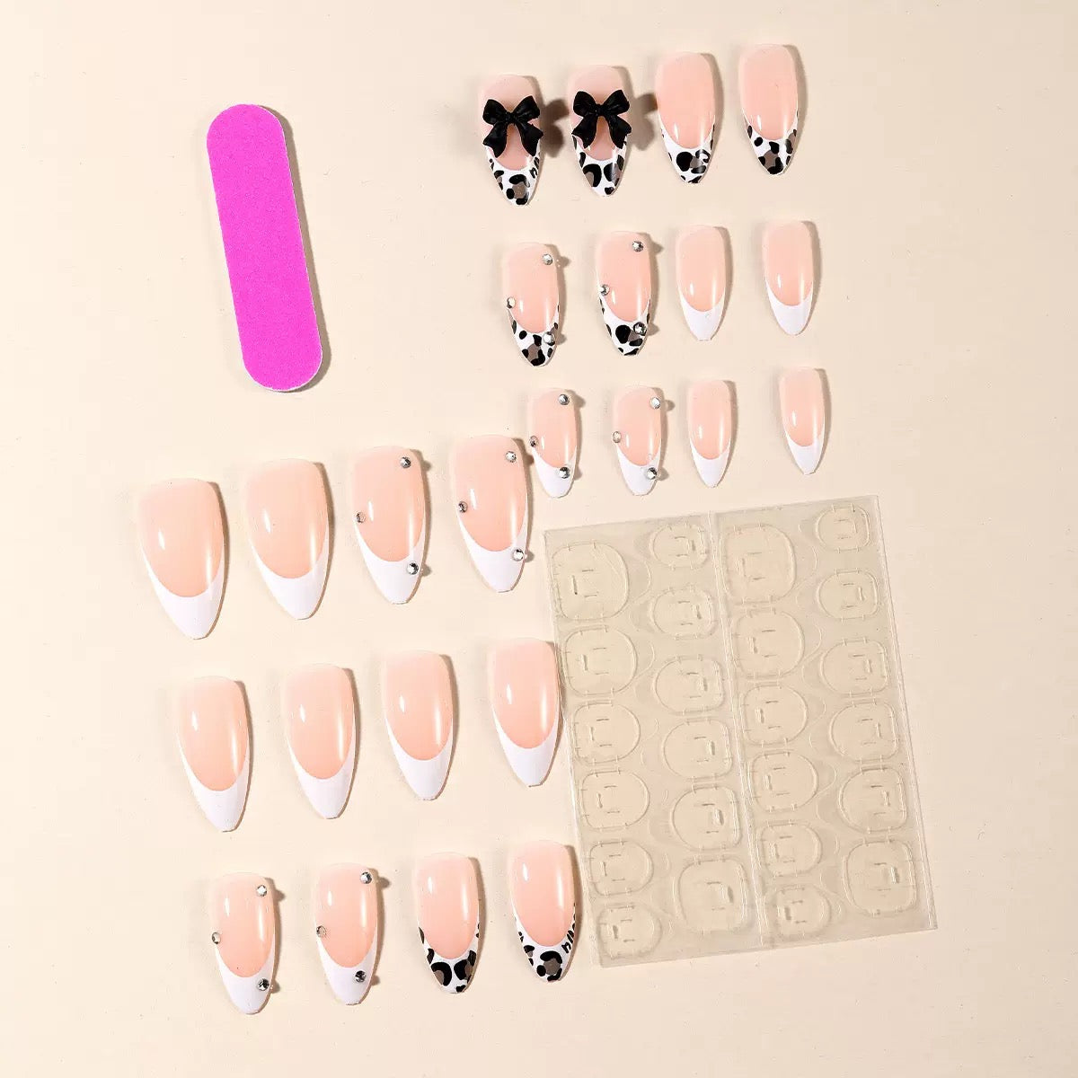 White Leopard Print French Almond-Shaped Bow Rhinestone Detachable Press-On Nails