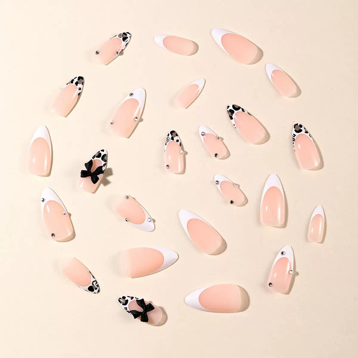 White Leopard Print French Almond-Shaped Bow Rhinestone Detachable Press-On Nails