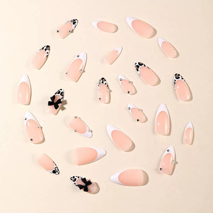 White Leopard Print French Almond-Shaped Bow Rhinestone Detachable Press-On Nails